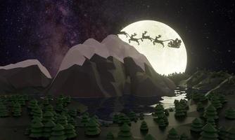 concepto de navidad de polígono bajo. silueta santa y renos con luna llena. vista a la montaña y árbol de navidad en el suelo. imagen de representación 3d. foto