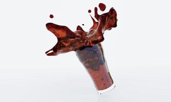 Splash from ice cubes in a glass of cola, isolated on the white background. 3D rendering. photo