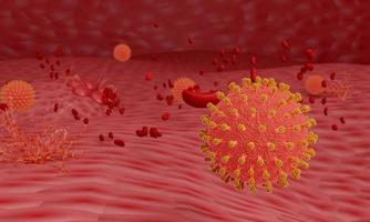 una imagen de virus o modelo rojo coronavirus covid-19. el concepto de un virus propagado sobre un fondo rojo y rugoso. representación 3d foto