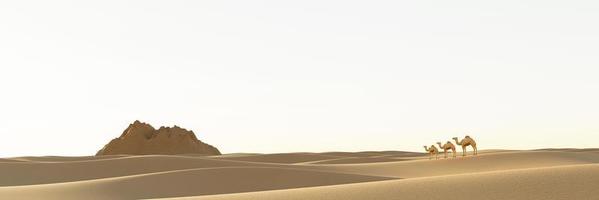 The waves of the vast desert nature. There are sandstone mountains and camels walking in the middle of the desert. The sun is hot in the desert during the day. 3D Rendering photo