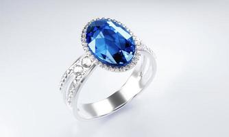 la gran forma ovalada de diamante azul está rodeada por muchos diamantes en el anillo hecho de oro platino colocado sobre un fondo gris. Elegante anillo de bodas con diamantes para mujer. representación 3d foto