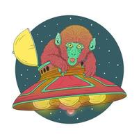 Alien monkey sticking out his tongue. Cool ufo with glowing yellow and purple light. vector