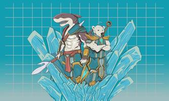 Great White Shark and Ice Bear Mutant Warriors on iceberg. Hand drawn sketch. Vector engraved illustration for Wallpaper, T-shirts, Mascot, Game or NFT