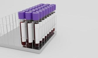 tubos de ensayo con sangre y etiqueta en blanco aislado sobre fondo blanco. concepto para probar el virus de la corona. representación 3d foto