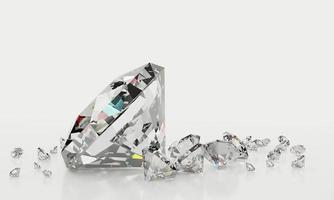 muchos diamantes de tamaño sobre fondo blanco con reflejo en la superficie. representación 3d foto