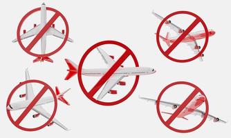 la señal de prohibición roja en el avión de pasajeros blanco con rayas rojas en varios ángulos sobre un fondo blanco utilizado como símbolo o fondo de papel tapiz. representación 3d foto
