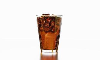 Cola glass with ice cubes on a white background and reflection. cola with crushed ice in glass and there is water droplets around. cool black fresh drink. 3D rendering. photo