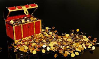 Many distribute gold coins flew from the treasure chest. A treasure chest made of gold, luxurious, expensive. An ancient treasure box opened with gold coins ejected. 3D Rendering. photo
