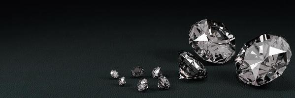 Representación 3D de diamantes de muchos tamaños en una superficie negra con reflejo. foto