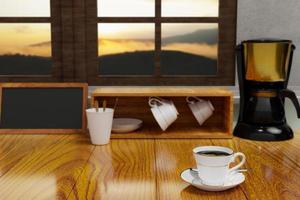 Black coffee in a white ceramic mug with gold rim and saucer. Blur Black and gold espresso machine  and Coffee cup storage on  Wooden table and mountain view. 3D Rendering photo