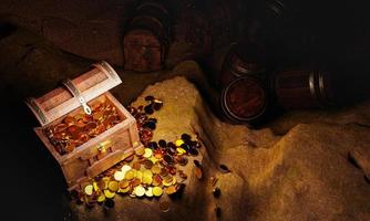 Golden Coins and vintage treasure chest made of wooden panels Reinforced with gold metal and gold pins Treasure boxes placed on the sand in a cave or treasure chest underwater. 3d Rendering