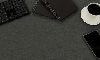 The office desk has items such as keyboards, books, black coffee mugs, and smartphones. The Notebook is made of gray imitation leather. Punched leather book cover on the spine. 3D Rendering photo