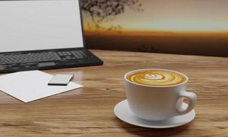 Latte Art coffee in white cup on wooden surface table. Blur blank screen labtop , Black smartphone  and white sheet on table. Copy space and work desk concept. 3D Rendering. photo