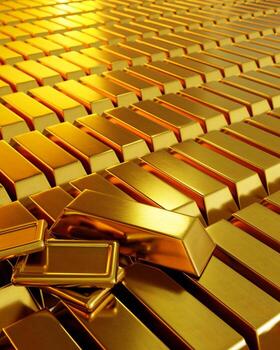 Lots of gold bars are arranged and arranged in a row. Conveys business lines and gold or stock markets and luxury. 3D Rendering. photo