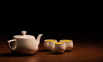 White ceramic teacup and white teapot on a wooden surface. Side view of drink sets 3D Rendering photo