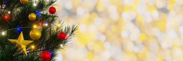 Decorative pine trees for Christmas season, decorative balls and flashing lights, New Year's and Christmas celebrations. Glittering gold light background bokeh Joy. 3D Rendering. photo