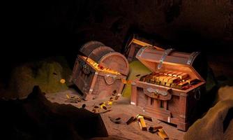 Golden Coins and cube in the Ancient and vintage treasure chest made of wooden panels Reinforced with gold metal gold pins Treasure boxes placed on the sand in a cave or treasure chest underwater. photo