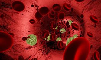 maqueta de virus o bacterias y glóbulos rojos en una arteria o vaso sanguíneo, flujo dentro del cuerpo, atención médica humana. crisis del virus corona de wohan china. representación 3d foto