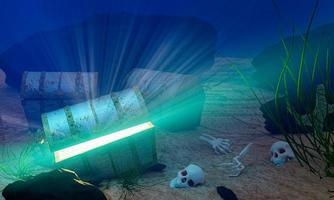 The old treasure chest sunk under the sea. The light shone out of the treasure chest. Under the sea atmosphere, there are rocks, sand, and treasure chest buried. 3D Rendering photo