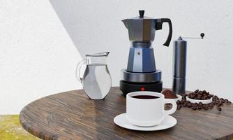 Black coffee in a white mug. Moka pot on portable electric stove Coffee bean grinder. The wooden table on the lawn has a white plaster wall in the background. 3D Rendering photo