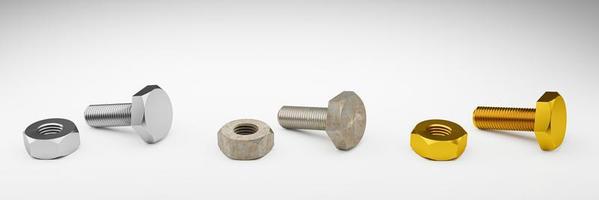 Bolt and nut set. Silver, gold and rust on a white background. 3D Rendering. photo