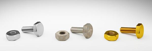 Bolt and nut set. Silver, gold and rust on a white background. 3D Rendering. photo