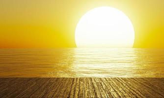 puesta de sol junto al mar o al océano. el reflejo del sol en el mar con olas para usar como fondo o papel tapiz. puente de madera junto al mar. representación 3d foto