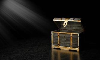 Retro style wooden and the metal treasure chest. Empty treasure chest open. Marble texture and God rays.3D Rendering photo