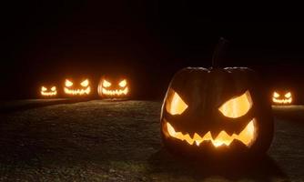 calabaza de halloween el rostro del demonio tenía luz desde adentro. el fondo negro y la luz que brilla desde atrás. representación 3d foto