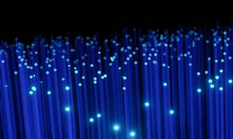 Acérquese a los extremos de muchos hilos de fibra óptica azul iluminados con muchos efectos bokeh desenfocados contra fondo negro. representación 3d foto