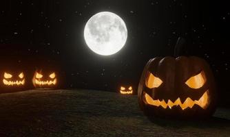 Halloween Pumpkin. The demon's face had light from inside. Full moon and many star black background and the light shining from the back. 3D Rendering photo