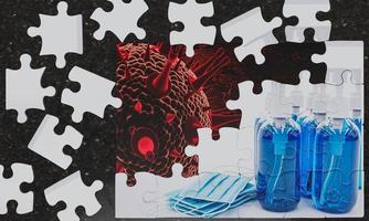 jigsaw picture overlap, the background is a Coronal Covid-19 virus and the picture above is a puzzle mask and an alcohol gel. Conceptual image of preventing germs with virus masks. 3D Rendering photo