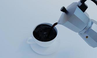 el café negro se vierte de la olla de moka en una taza blanca. Taza y platillo de café de cerámica blanca sobre fondo blanco.Representación 3d. foto