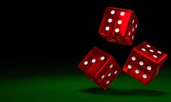 Transparent red dice are falling on the green felt table. The concept of dice gambling in casinos. 3D Rendering photo