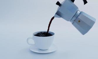 Black coffee is poured from the Mocha pot into a white mug. White ceramic coffee mug and saucer on white background.3D Rendering. photo