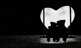 amantes de la silueta ositos de peluche abrazándose y sentándose en columpios en forma de corazón noche de luna llena muchas estrellas en el cielo hay un reflejo en el mar. el romántico tema de san valentín de los amantes. representación 3d foto