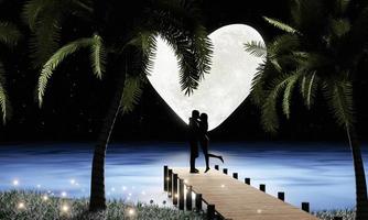 pareja silueta amor abrazos y besos románticos en un puente de madera que se adentra en el mar. super luna llena en el mar y la playa es un puente de madera que atraviesa cocoteros en la isla. representación 3d foto