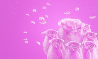 Pink rose without stalks and leaves on red background. The rose has dazzling water droplets and bubbles floating behind it. 3D Rendering photo