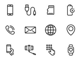 conjunto de iconos de vector negro, aislado sobre fondo blanco. ilustración en un teléfono móvil temático. funciones básicas y dispositivos externos