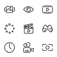 conjunto de iconos vectoriales negros, aislados en fondo blanco, en la creación, vista previa y representación de contenido temático vector
