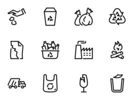 Set of black vector icons, isolated on white background, on theme Recycling and removal of garbage to landfill