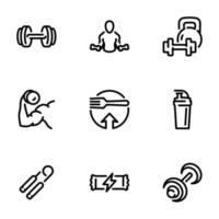 conjunto de iconos vectoriales negros, aislados en fondo blanco, sobre el tema del culturismo, el fitness y la nutrición deportiva vector