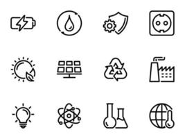 conjunto de iconos vectoriales negros, aislados en fondo blanco, sobre el tema de la energía ambiental y la producción de baterías de iones de litio vector