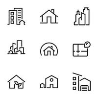 conjunto de iconos vectoriales negros, aislados en fondo blanco, en casa temática, apartamento, oficina, rascacielos vector