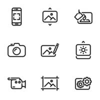 conjunto de iconos vectoriales negros, aislados en fondo blanco, en foto temática, masterización de vídeo vector