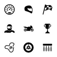 conjunto de iconos negros aislados en fondo blanco, en la carrera de motocicletas temáticas vector