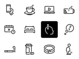 conjunto de iconos de vector negro, aislado sobre fondo blanco. ilustración sobre un tema de pereza, depresión e irresponsabilidad