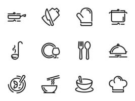 conjunto de iconos vectoriales negros, aislados en fondo blanco, en utensilios de cocina temáticos. cocinar y servir platos vector