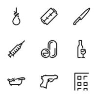 Set of black vector icons, isolated against white background. Illustration on a theme Methods of suicide