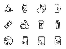 Set of black vector icons, isolated on white background, on theme Sports nutrition aimed at result